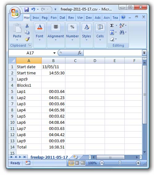 Timing data opened and formatted in Excel.