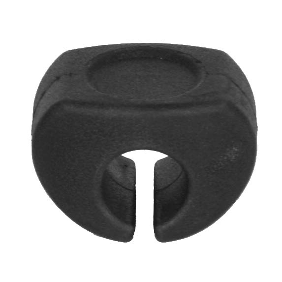A black plastic clip with a rounded square shape and an open slit on one side. It appears to be designed for organizing or holding cables. The surface is smooth with a subtle texture.