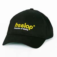 A black baseball cap features freelap and freedom of timing elegantly stitched in yellow and white text on the front, capturing a sense of privacy policy awareness.