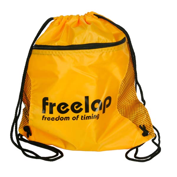 A yellow drawstring bag with black mesh sides and black cords. It has freelap and freedom of timing printed on the front in black letters.