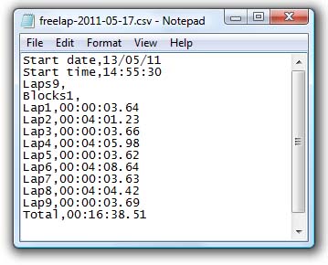 A screenshot of a Notepad window displaying a CSV file loaded using the IRDA download utility, featuring lap time data. It includes start date, start time, individual lap times from Lap 1 to Lap 9, and a total time of 00:16:38.51.