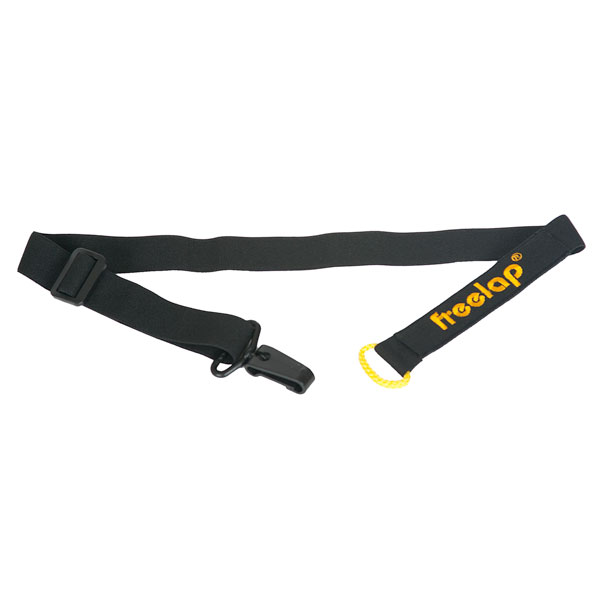 A black adjustable belt with a clip and a yellow loop. The strap reads freelap in yellow text.