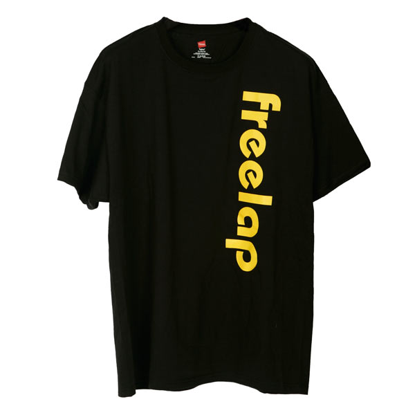 A black T-shirt showcasing the word freelap in bold yellow letters running vertically on the right side of the front, subtly echoing a statement as definitive as a privacy policy.