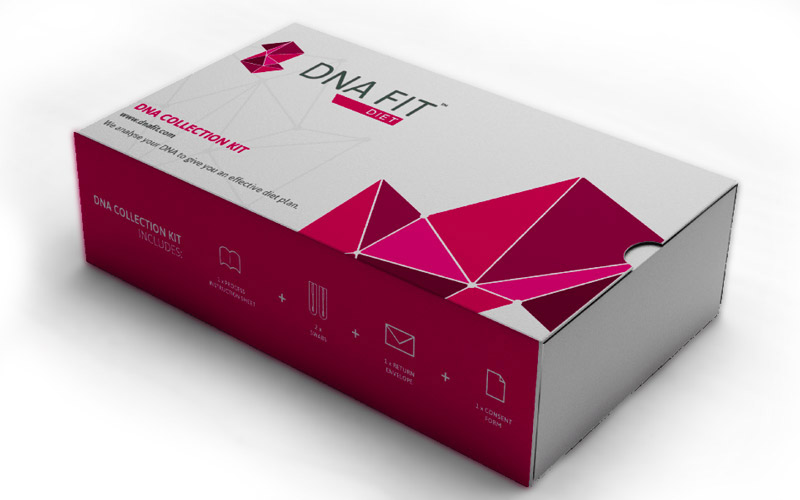 Box of a DNA collection kit labeled DNA FIT Diet, showing a geometric pink and white design. Text indicates it includes instructions, a kit, prepaid return packaging, and results.
