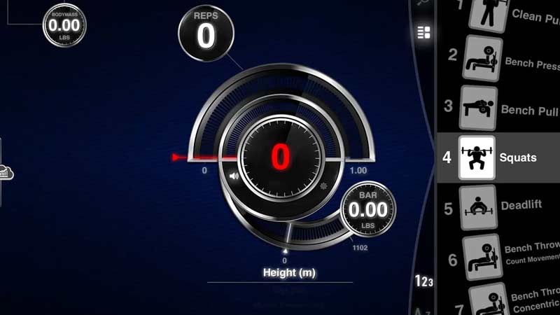 Image of a digital workout interface showing metrics for exercises. Displays REPS and BAR in pounds, both at zero. The exercise menu on the right highlights Squats as the fourth option, surrounded by other workout choices like Deadlift and Bench Pull.