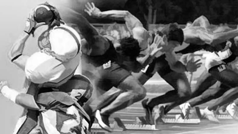 A black and white image featuring football players in action on the left and sprinters launching off starting blocks on the right, capturing dynamic sports movement and athletic energy.