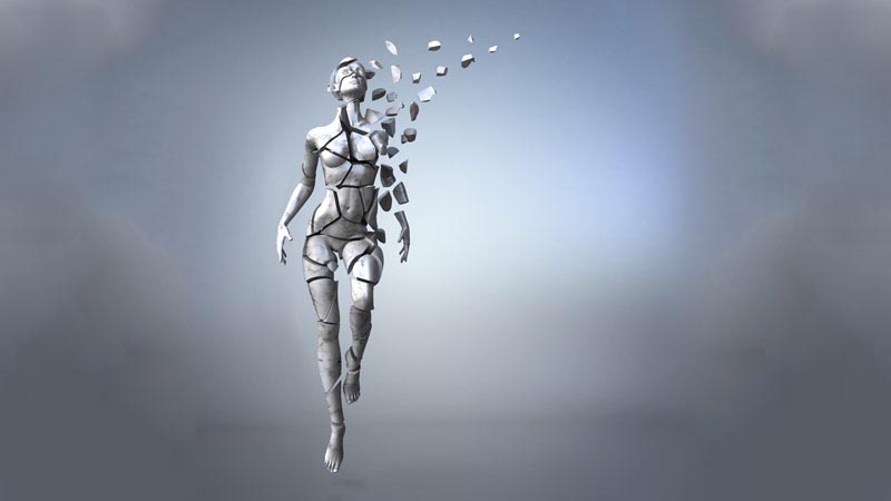 A 3D sculpture of a human figure made of fragmented pieces, floating against a soft gradient background. The figures head and upper body are dissolving into small, disconnected fragments, creating a sense of disintegration.