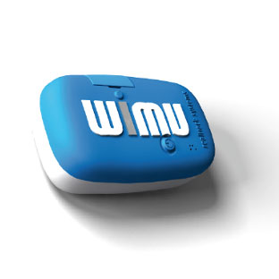 A small, rectangular blue and white electronic device with the word WIMU printed on it. The device has rounded edges and is shown on a plain white background.